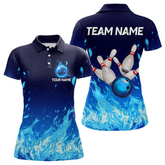 Maxcorners Blue Flame Fire Bowling Polo, Quarter Zip Shirts for Women Custom Bowling Team jerseys, Bowling Outfit