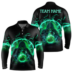 Maxcorners Black And Green Flame Skull Bowling Polo, Quarter Zip Shirt For Men Custom Skull Bowling Team Jerseys