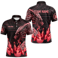 Maxcorners Black And Red Dragon Tribal Bowling Polo, 1/4 Zip Shirts For Men & Women Custom Retro Bowling Team Jerseys