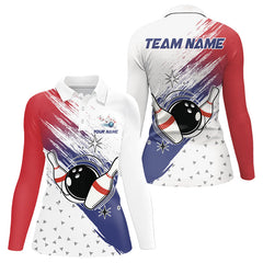 Maxcorners Red, White And Blue Bowling Polo, 1/4 Zip Shirts For Women Custom Bowling Team Jersey, Gift For Bowler