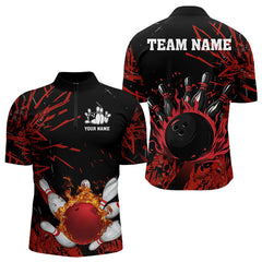Maxcorners Black And Red Flame Bowling Polo Shirts For Men And Women Custom Team Mens Bowling Jersey