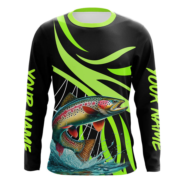Maxcorners Personalized Rainbow trout Performance Long Sleeve Fishing Shirts, Tournament Fishing Jerseys | Green MT2108