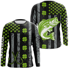 Maxcorners Custom Black Grunge US Flag Green Shamrock St Patrick Largemouth Bass Fishing Shirts, Bass Jerseys LM1501