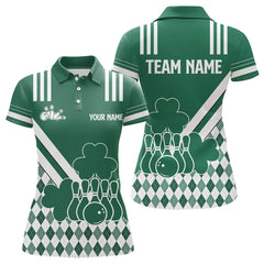 Maxcorners Green And White Argyle Pattern Shamrock St Patrick'S Day Men And Women Bowling Shirts Custom Bowling Team Jersey