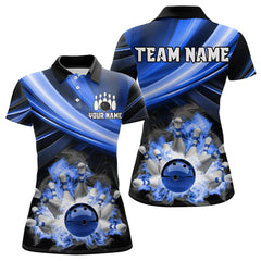 Maxcorners Personalized Black And Blue Smoke Flame Bowling Polo, 1/4 Zip Shirts For Men, Cool Bowling Jerseys