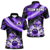 Maxcorners Personalized Black And Purple Smoke Flame Bowling Polo, 1/4 Zip Shirts For Men, Cool Bowling Jerseys