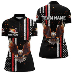 Maxcorners Personalized Black American Flag Flame Eagle Bowling Shirts For Men Custom Patriotic Bowling Jerseys