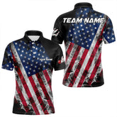 Maxcorners Smoke American Flag Black Bowling Polo, Quarter Zip Shirt For Men And Women Custom Patriotic Team Bowling Jersey