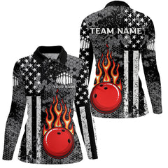 Maxcorners Black & White American Flag Flame Bowling Polo Shirt For Women Custom Bowling Team Jersey