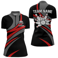 Maxcorners Red And Black Bowling Polo, Quarter Zip Shirts For Men Custom Bowling Team Jersey, Gift For Bowlers