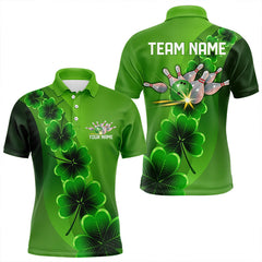 Maxcorners Green Shamrock Lucky Bowling Polo, 1/4 Zip Shirt For Men Custom St Patrick Day Bowling Team Jerseys