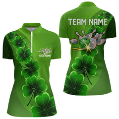 Maxcorners Green Shamrock Lucky Bowling Polo, 1/4 Zip Shirt For Men Custom St Patrick Day Bowling Team Jerseys