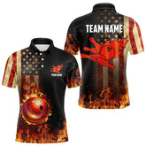 Maxcorners Vintage American Flag Flame Bowling Shirts For Men Custom Patriotic Mens Bowling Team Jersey