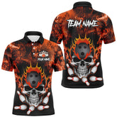 Maxcorners Bowling Ball And Pins Orange Smoke Skull Customized Name, Team Name 3D Polo Shirt
