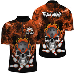 Maxcorners Bowling Ball And Pins Orange Smoke Skull Customized Name, Team Name 3D Polo Shirt