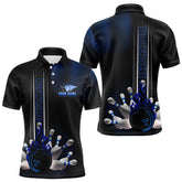 Maxcorners Personalized Black And Blue Flame Bowling Polo, Quarter Zip Shirts For Men Custom Bowling Team Jerseys