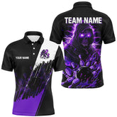 Maxcorners Bowling Ball And Pins Black And Purple Skull Reaper Customized Name, Team Name 3D Polo Shirt Unisex