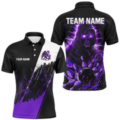 Maxcorners Bowling Ball And Pins Black And Purple Skull Reaper Customized Name, Team Name 3D Polo Shirt Unisex