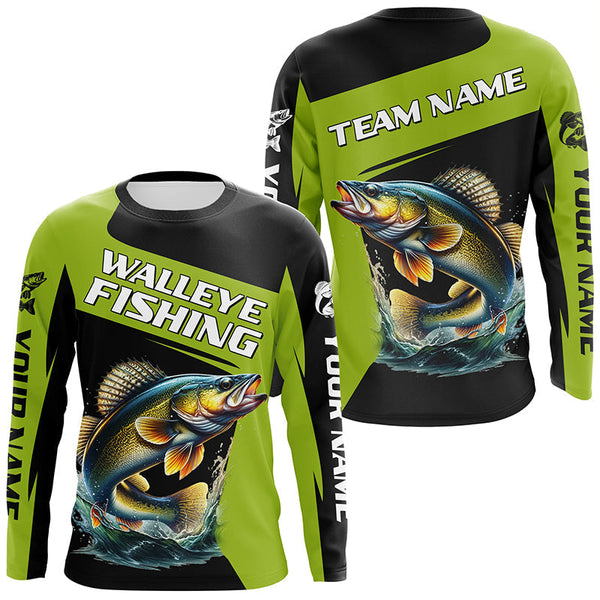 Maxcorners Black Green Walleye fishing Custom Long Sleeve Tournament Fishing Shirts, Performance Fishing Jerseys MT2108
