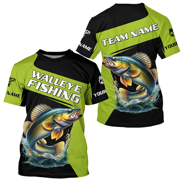 Maxcorners Black Green Walleye fishing Custom Long Sleeve Tournament Fishing Shirts, Performance Fishing Jerseys MT2108