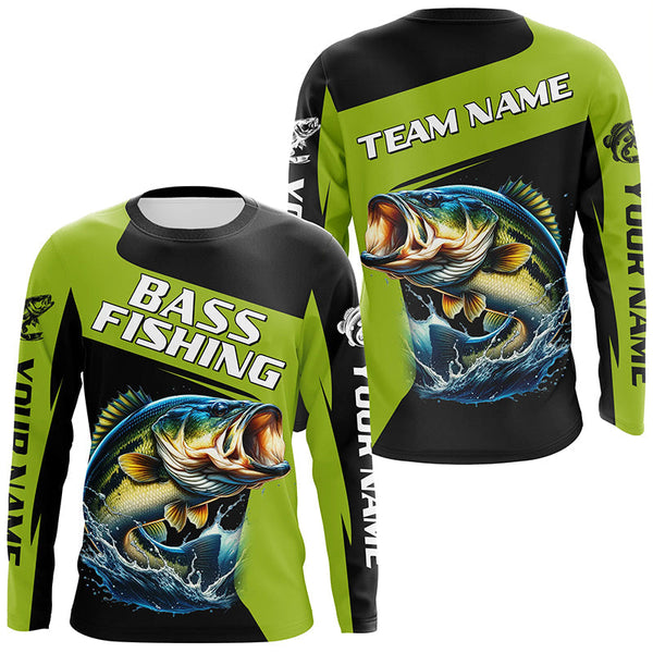 Maxcorners Black Green Bass fishing Custom Long Sleeve Tournament Fishing Shirts, Performance Bass Fishing Jersey MT2108