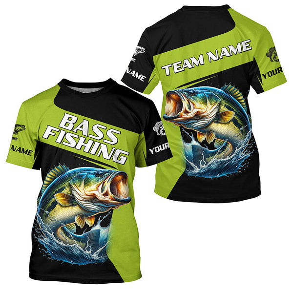 Maxcorners Black Green Bass fishing Custom Long Sleeve Tournament Fishing Shirts, Performance Bass Fishing Jersey MT2108