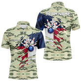 Maxcorners Texas Flag Green Camo Bowling Polo, Quarter Zip Shirts For Men Custom Texas Bowling Team Jerseys