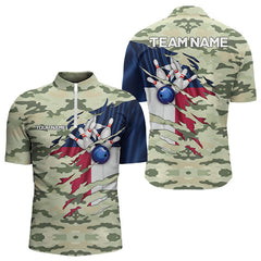 Maxcorners Texas Flag Green Camo Bowling Polo, Quarter Zip Shirts For Men Custom Texas Bowling Team Jerseys