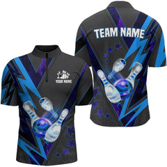 Maxcorners Black And Blue Lightning Bowling Polo, Quarter Zip Shirt For Men Custom Team Bowling Jerseys