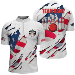 MaxCorners Bowling Ball And Pins American Flag Patriotic Customized Name, Team Name 3D Stand Collar Zipper Polo Shirt