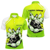 Maxcorners Green Skull Bowling Ball And Pins Bowling Polo, Quarter Zip Shirts For Men Custom Team Bowling Jerseys