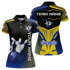 Maxcorners Yellow & Blue Pattern Bowling Polo, 1/4 Zip Shirt For Men Custom Team Bowling Jersey, Gift For Bowler