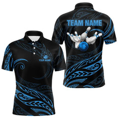 Maxcorners Black And Blue Tribal Pattern Bowling Polo, Quarter Zip Shirts For Men Custom Team Bowling Jerseys