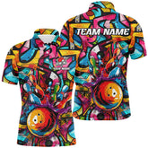 MaxCorners Bowling And Pins Colorful Graffiti Pattern Customized Name, Team Name 3D Polo Shirt For Men