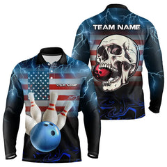 Maxcorners American Flag Skull Bowling Blue lightning thunder Bowling Shirt for Men Custom Team Bowling jerseys