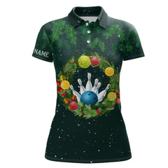 Maxcorners Green Christmas Wreath Men Bowling Polo Shirt Custom Green Pattern Christmas Bowling Tops