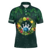 Maxcorners Green Christmas Wreath Men Bowling Polo Shirt Custom Green Pattern Christmas Bowling Tops