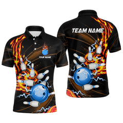 Maxcorners Mens bowling shirts Custom Orange flame Blue Bowling ball and pins Team league bowler Jerseys LM2703