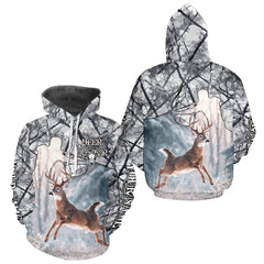 Maxcorners Beautiful Deer Hunting Shirt Camo Gray 3D Full Body Jumping Whitetail Deer Custom Name LM0409
