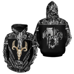 Maxcorners Beautiful Gray Black Camo Deer Hunting Shirt With Skull Print And US Flag Hunting Gifts LM2608