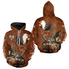 Maxcorners Whitetail Deer Hunting Leather Pattern US Flag Camouflage Custom Name 3D Shirts for Men LM0611