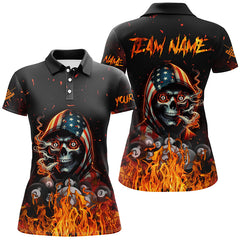 Maxcorners Billiard Funny Skull Us Flag Fire Customized Name, Team Anme 3D Polo Shirt