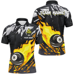 Maxcorners Billiard Yellow 8 Ball Fire Flame Grunge Pattern Customized Name, Team Name 3D Polo Shirt