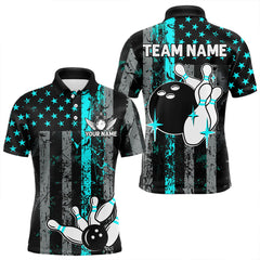 Maxcorners Turquoise Grunge American Flag Patriotic Bowling Shirts For Men Custom Bowling Team Jerseys