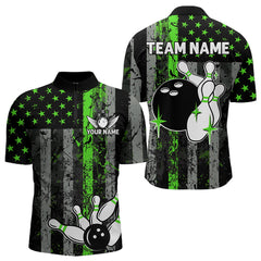 Maxcorners Personalized Green Grunge American Flag Patriotic Bowling Shirts For Men Custom Bowling Team Jersey