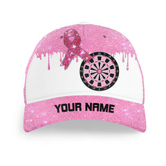 Maxcorners Darts Pink Glitter Ribbon Dartboard Breast Cancer Awareness Personalized Name 3D Cap