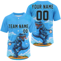 Maxcorners Custom Blue Dinosaur Baseball Shirt For Men Outfits Button Up Baseball Jerseys LM1109