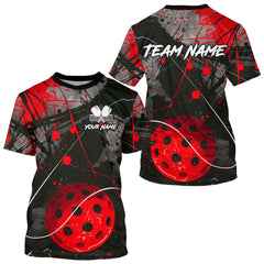 Maxcorners Custom Black Grunge Red Pickleball Ball T-Shirt For Men Splatter Pickleball Jerseys LM1501