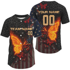 Maxcorners Custom US Flag Patriotic Baseball Shirt For Men Outfit Flame Butterfly Baseball Jerseys LM1109