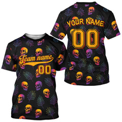 Maxcorners Custom Black And Yellow Skull Baseball Halloween T-Shirt For Men Skull Baseball Shirts LM1809